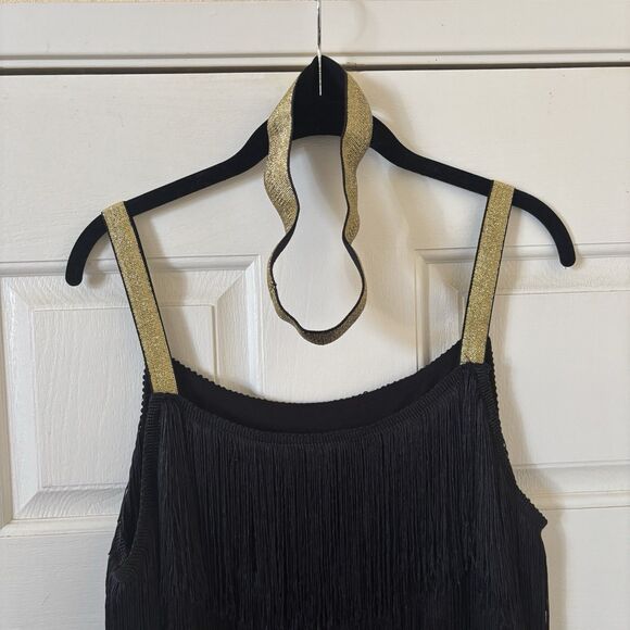 Roaring 20s Flapper Mini Dress Fringe Black Gold Size XL Party Retro‎ Cocktail - Picture 7 of 12